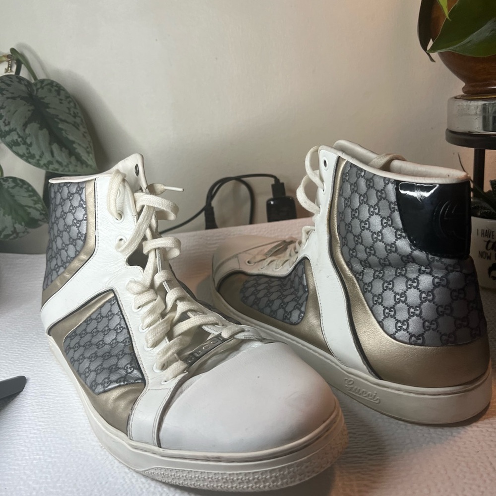 Gucci White and Gold High-Top Sneakers - Picture 7 of 8